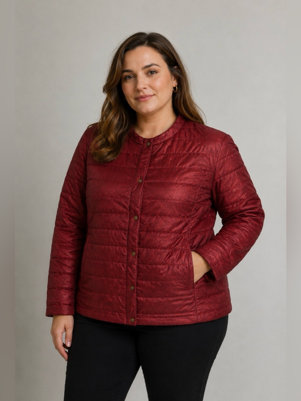 Ulla Popken Burgundy Red Quilted Puffer Jacket Snap Front Plus Size 16/18 XXL